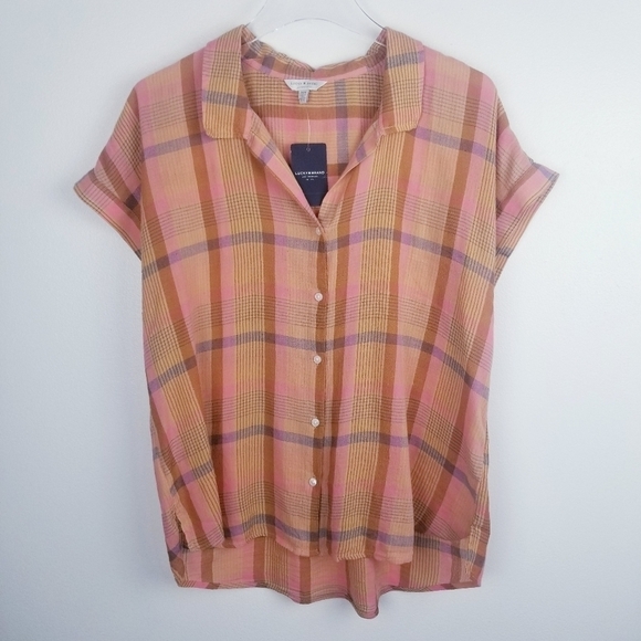 Lucky Brand Plaid Button Front Short Sleeve Top NWT - Picture 1 of 9